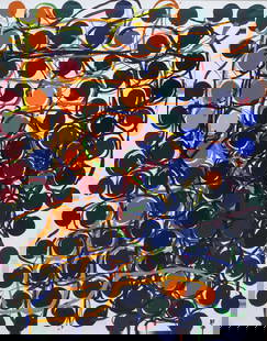 Atsuko Tanaka ''Untitled'' 1959 Synthetic Polymer: Atsuko Tanaka (1932-2005 Japanese) ''Untitled'' 1959 Synthetic Polymer on Canvas 64.5''x51'' Image. Important museum quality electric abstraction from her Gutai period (1955-65). Signed in Kanji lower