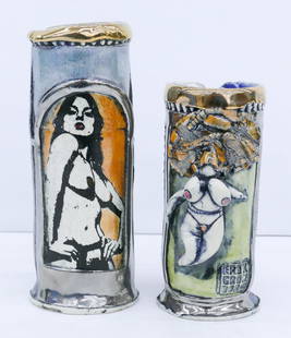 2pc Erik Gronborg ''Funk Mugs with Nudes'' Ceramic: 2pc Erik Gronborg (b.1931 American) ''Funk Mugs with Nudes'' Ceramic 5.5'' and 7''. Impressed and hand built textures with decals. Impressed signature on side. Excellent condition.