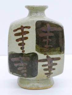 Bernard Leach ''Bottle Vase'' Stoneware: Bernard Leach (1887-1979 British) ''Bottle Vase'' Stoneware 7.25''x5''. Japanese inspired form with iron brown glaze motifs, influenced by Shoji Hamada. Impressed artist and St. Ives mark on bottom (g