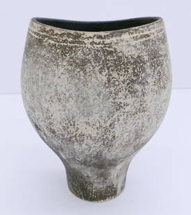 Hans Coper ''Footed Vessel with Inlay'' Stoneware: Hans Coper (1920-1981 British) ''Footed Vessel with Inlay'' Stoneware 5.75''x4.5''. Sgraffito lines around rim and down one central side. White slip glazes and engobes with manganese glazed interior.