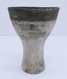 Hans Coper ''Corseted Form Vessel'' Stoneware: Hans Coper (1920-1981 British) ''Corseted Form Vessel'' Stoneware 6''x4.5''. Horizontal sgraffito line motifs. White slip glazes and engobes with manganese glazed interior. Impressed cipher on bottom.