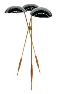 Gerald Thurston ''Black Tripod'' Floor Lamp: Gerald Thurston (1914-2005 American) for Lightolier ''Black Tripod'' Floor Lamp 45''x22''. Composed of enameled steel, brass, and walnut. Unmarked. Excellent condition. Circa 1950's.