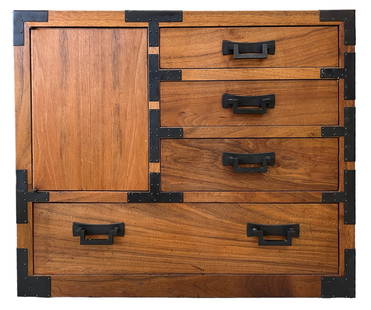 Evert Sodergren Small Tansu Chest: Evert Sodergren (1920-2013 Washington) Small Tansu Chest Walnut 22''x26''x17''. Bronze pulls and fittings. Burned in mark on drawer interior. Ring stain to top, otherwise excellent condition. Acquired