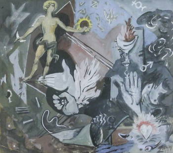 Mark Tobey ''Fantasy'' 1937 Tempera: Mark Tobey (1890-1976 Washington) ''Fantasy'' 1937 Tempera on Paper 8''x9'' Sight. An early surrealist abstraction. Signed and dated l.r. Vintage framing 15''x15.5''. Some slight crease marks lower le