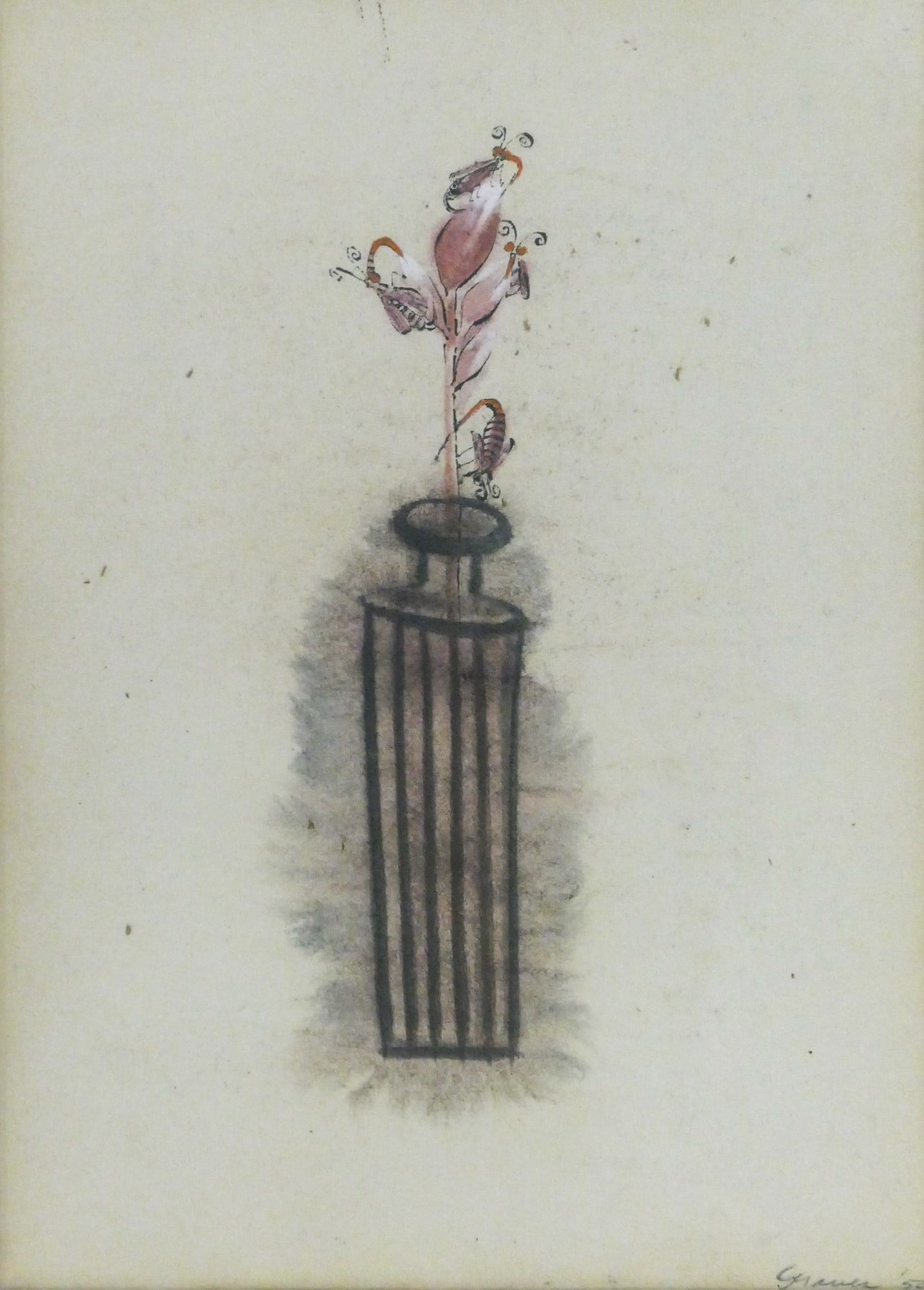 Morris Graves ''Bouquet with Insects'' 1950 Tempera: Morris Graves (1910-2001 Washington) ''Bouquet with Insects'' 1950 Tempera on Paper 13''x9'' Image. Signed and dated l.r. Foster/White Gallery, Seattle labels on verso. Plasteel fine framing 20''x17''