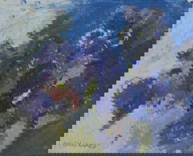 Molly Lamb Bobak ''Pansies'' (Abstract) Oil: Molly Lamb Bobak (1920-2014 Canadian) ''Pansies'' (Abstract) Oil on Masonite 8.5''x10.5'' Image. Signed l.l. Original framing 15.5''x17.5''. Excellent condition.