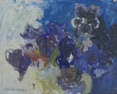 Molly Lamb Bobak ''Pansies'' (Abstract) Oil: Molly Lamb Bobak (1920-2014 Canadian) ''Pansies'' (Abstract) Oil on Masonite 8.5''x10.5'' Image. Signed l.l. Original framing 15.5''x17.5''. Excellent condition.