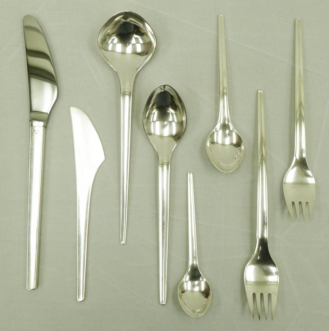 Georg Jensen Sterling ''Argo'' Pattern (89) Piece: Georg Jensen Sterling ''Argo'' Pattern (89) Piece Modernist Flatware Set with Serving Pieces - Designed by Magnus Stephensen, Denmark - Complete Service for (10) - 7.5'' Dinner Forks, 7'' Salad Forks,