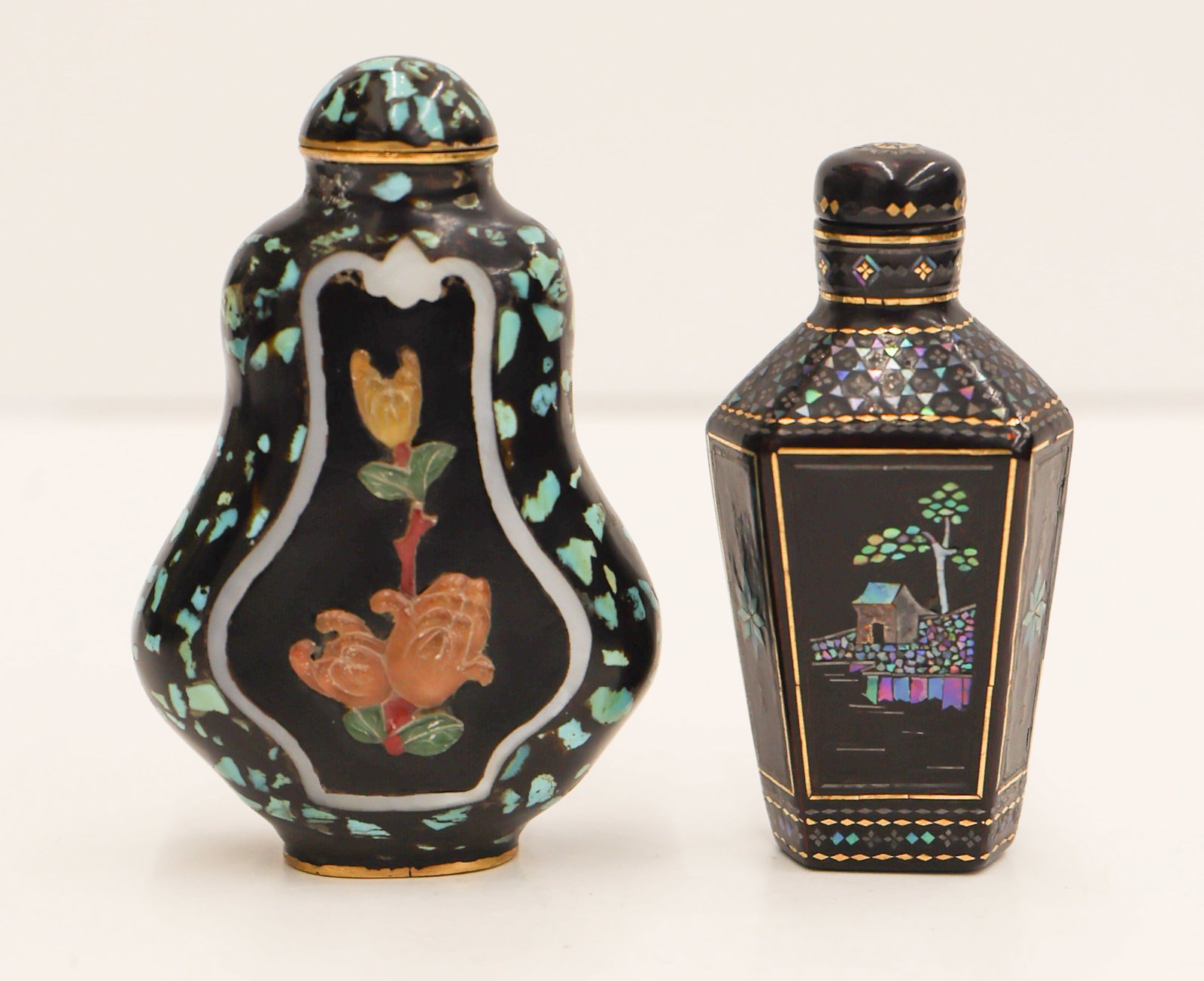 2pc Chinese Lac Burgaute & Applique Snuff Bottles (1 of 4)