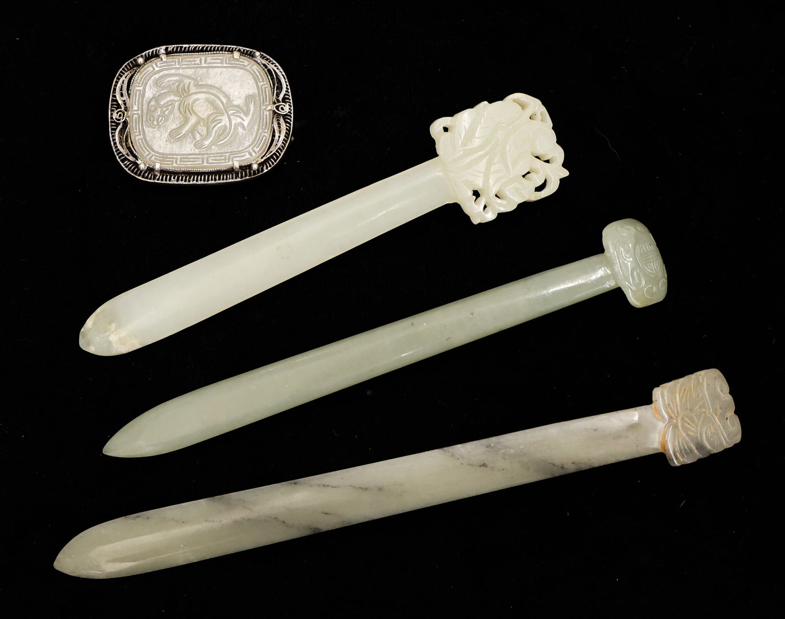 4pc Chinese Jade Hair Pins and Brooch (1 of 3)