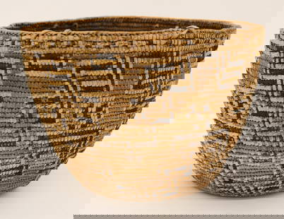 Old Cowlitz Decorated Indian Baske: Old Cowlitz Decorated Indian Basket 8''x11''x9''. Imbricated Northwest Coast gathering hard basket with stepped geometric motifs. Scattered light surface loss from age. Overall excellent condition. Ea