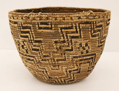 Old Cowlitz Decorated Indian Baske: Old Cowlitz Decorated Indian Basket 8''x11''x9''. Imbricated Northwest Coast gathering hard basket with stepped geometric motifs. Scattered light surface loss from age. Overall excellent condition. Ea