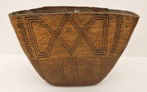 Antique Lillooet Large Decorated Indian Basket: Antique Lillooet Large Decorated Indian Basket 10.5''x16.5''x12''. Impressive imbricated Northwest Coast hard basket with geometric motifs. Scattered surface and edge loss from age. 19th century. Note