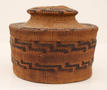 Old Tlingit Rattle Top Indian Basket: Old Tlingit Rattle Top Indian Basket 4''x5.5''. Imbricated Northwest Coast covered basket with repeating zig-zag motifs. A couple very small areas of loss to bottom near top edge. Surface darkening fr