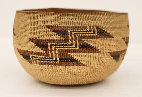 Old Hupa Decorated Indian Basket: Old Hupa Decorated Indian Basket 3.75''x6''. Imbricated California basket with repeated zig-zag motifs. A few small stains to bottom. Overall excellent condition. Early 20th century.