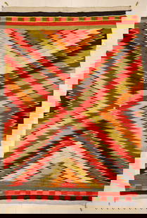 Old Navajo Germantown Eye Dazzler Rug: Old Navajo Germantown Eye Dazzler Rug 5'2''x7'6''. Polychrome eye dazzler motif in an array of colors including greens. Some scattered wear from age. Early to mid 20th century.