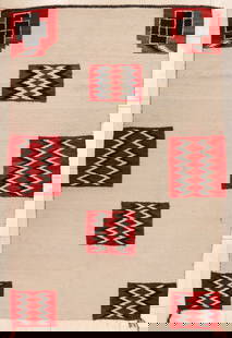 Old Navajo White Storm Pattern Rug: Old Navajo White Storm Pattern Rug 3'x4'8''. Unusual white ground with storm dazzler medallions. It has an old 5'' repair near end edge. Some scattered wear from age. Early to mid 20th century.