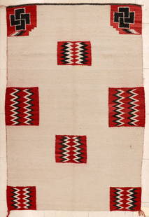 Old Navajo White Storm Pattern Rug: Old Navajo White Storm Pattern Rug 3'x4'8''. Unusual white ground with storm dazzler medallions. It has an old 5'' repair near end edge. Some scattered wear from age. Early to mid 20th century.