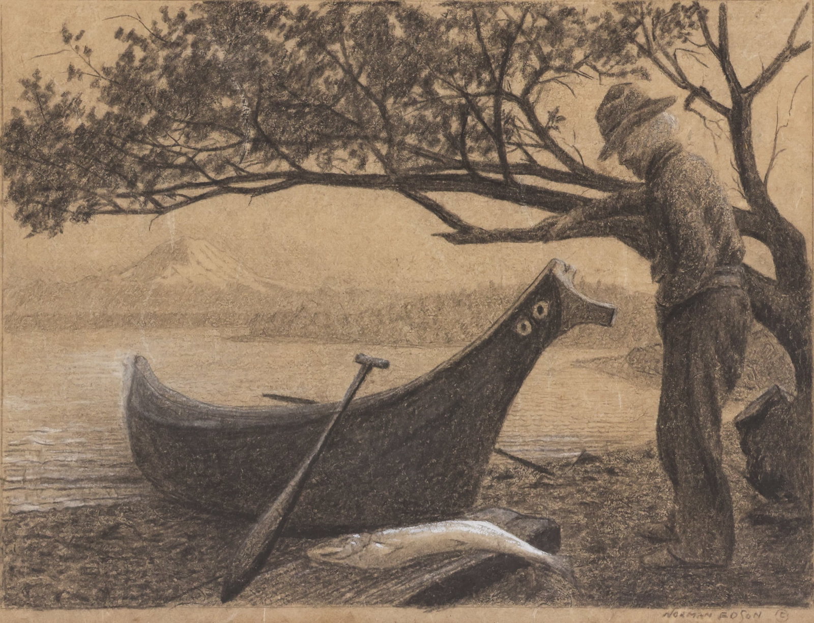 Norman Edson ''Makah Fishing Canoe'' Charcoal: Norman Edson (1879-1968 Washington) ''Makah Fishing Canoe'' Charcoal on Paper 9''x12'' Image. A scarce original composition with Mount Rainier in background. Signed lower right margin. Framed 12.5''x1