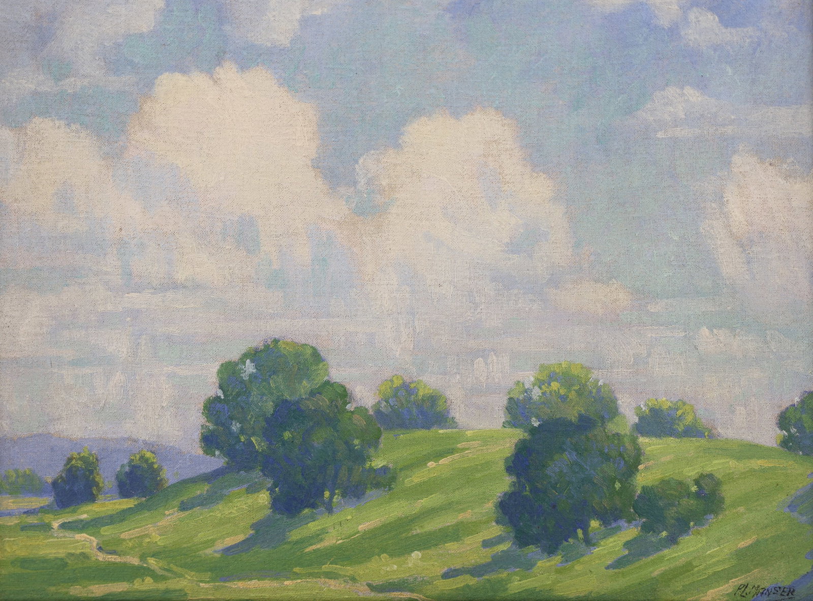 Percy Manser ''Green Hills'' 1920's Oil: Percy Manser (1886-1973 Oregon) ''Green Hills'' 1920's Oil on Board 12''x16'' Image. Signed lower right. Period gilt framing 17''x21''. Professionally cleaned. Excellent condition. Collection of Micha