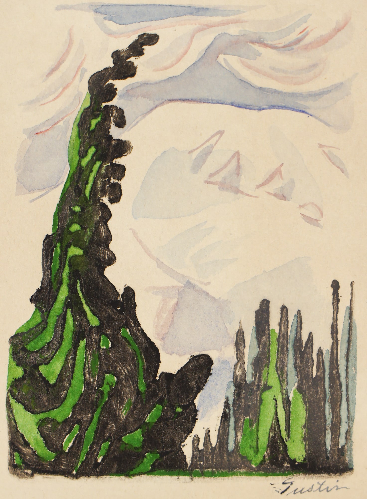 Paul Morgan Gustin ''Rainier Tree'' 1939 Color Woodcut (1 of 3)