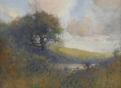 Percy Gray ''Oaks by the Lake'' Watercolor: Percy Gray (1869-1952 California) ''Oaks by the Lake'' Watercolor on Paper 7''x9.5'' Sight. Signed l.r. Gilt gallery framing 16''x18''. Excellent condition. Not examined outside of framing. Collection