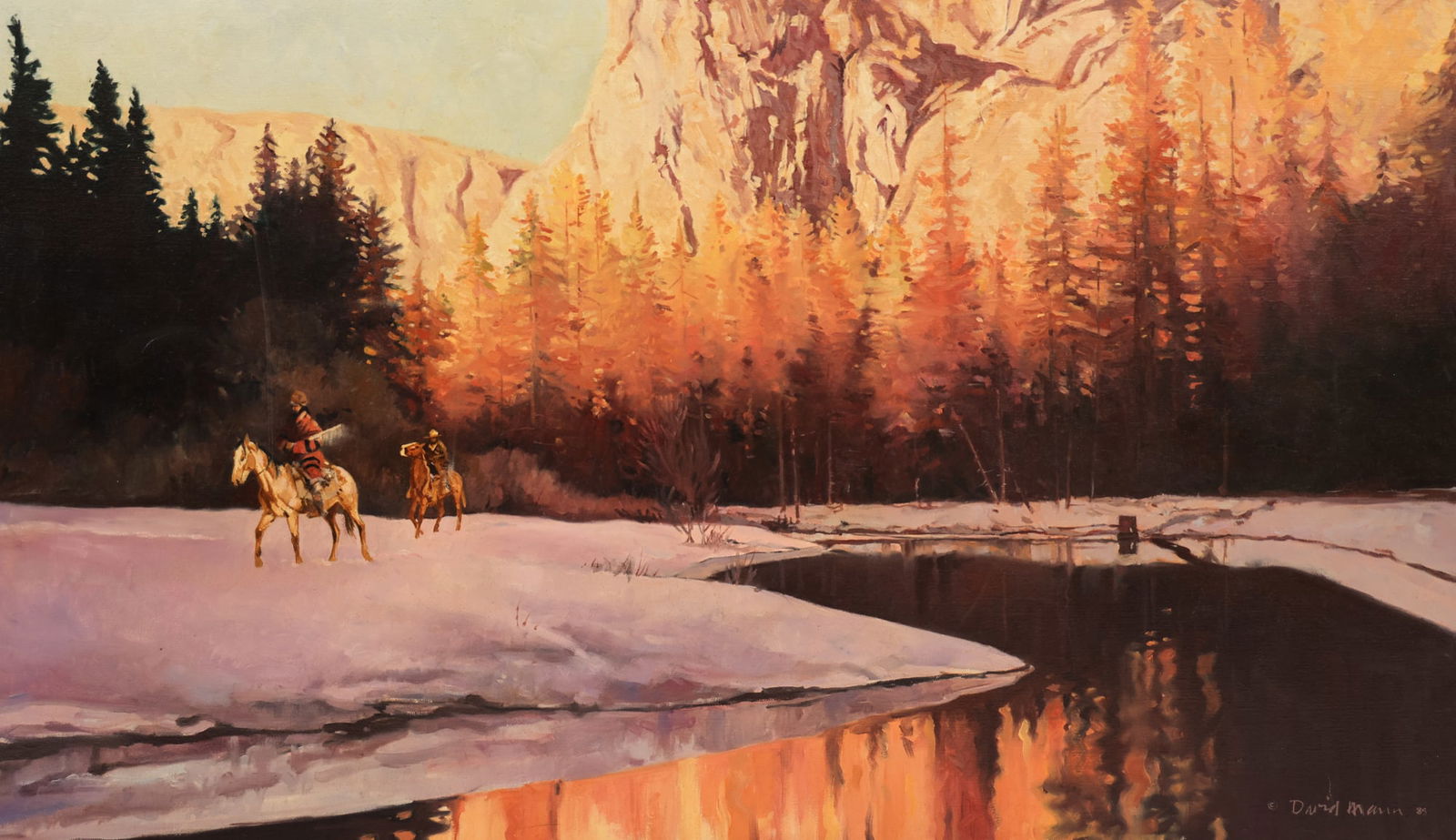 David Mann ''Winter Sunrise'' (Scouting) 1985 Oil: David Mann (b.1948 Utah) ''Winter Sunrise'' (Scouting) 1985 Oil on Canvas 30''x40'' Image. Signed and dated l.r. Original framing 33''x49''. A few minor surface scratches. Overall excellent condition.