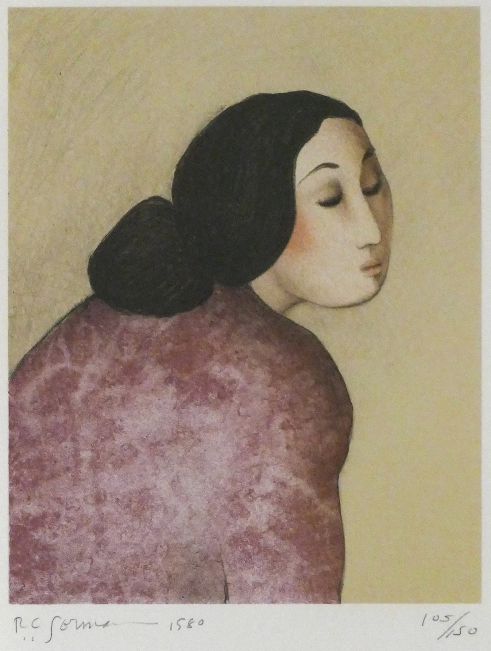 R.C. Gorman ''Cholena'' 1980 Color Lithograph: R.C. Gorman (1932-2005 New Mexico) ''Cholena'' 1980 Color Lithograph 16.5''x14'' Sheet. Pencil signed and numbered 105 of 150 edition lower margin. Purchased at Gallery Mack, Seattle. Gallery framed 2
