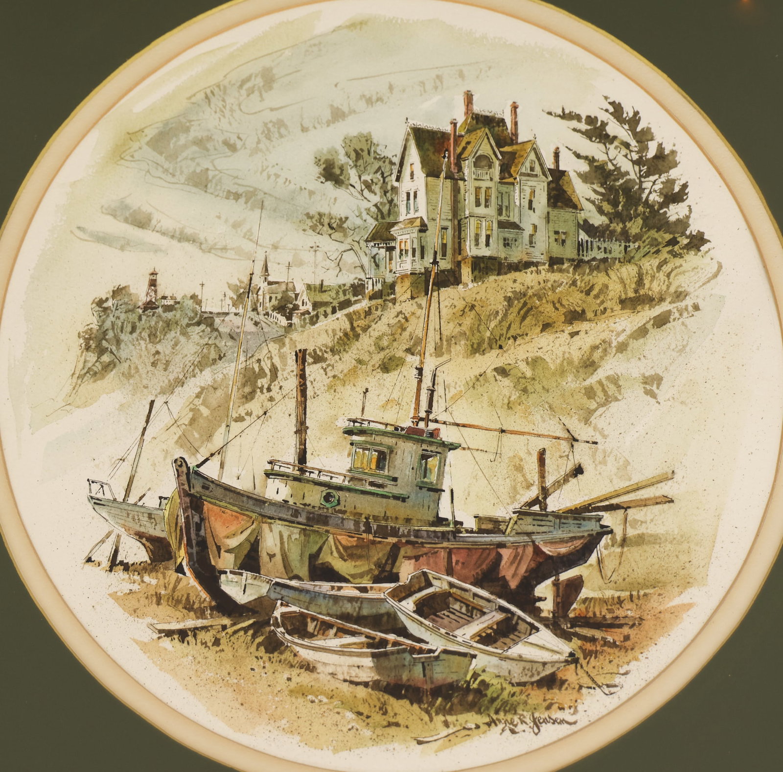 Arne Jensen ''Port Townsend Vignette'' Watercolor: Arne Jensen (1906-1993 Washington) ''Port Townsend Vignette'' Watercolor on Paper 18''x18'' Image. Signed l.r. Original framing 22''x22''. Excellent condition.