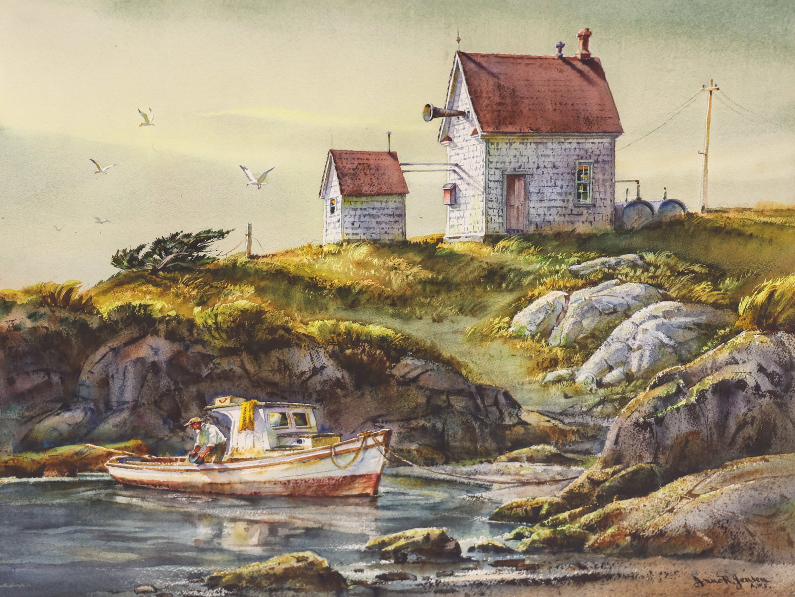 Arne Jensen ''Foghorn Beach'' Watercolor: Arne Jensen (1906-1993 Washington) ''Foghorn Beach'' Watercolor on Paper 20''x24'' Image. Signed l.r. with Artists Gallery Northwest label on verso. Original framing 28''x32''. Excellent condition.