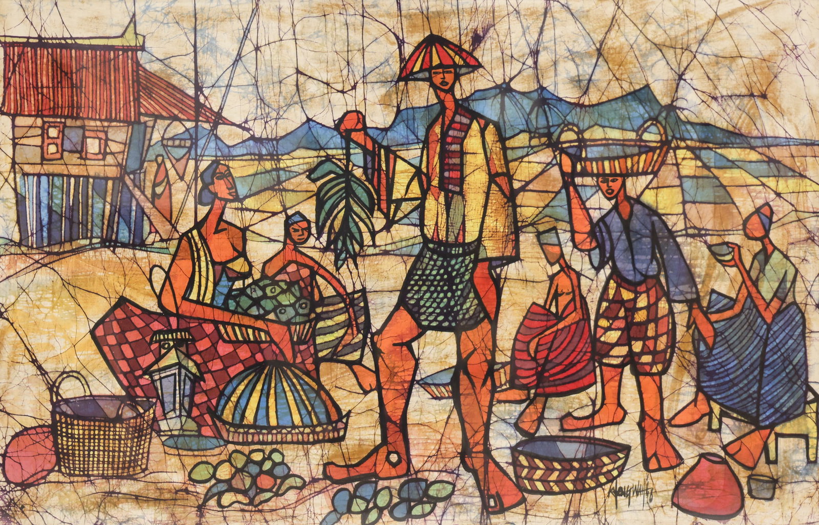 Yong Kheng-Wah ''Fruit Gatherers'' Batik: Yong Kheng-Wah (b.1945 Malaysia) ''Fruit Gatherers'' Batik Painting 23''x35'' Sight. Signed l.r. Original framing 29''x41''. Excellent condition.