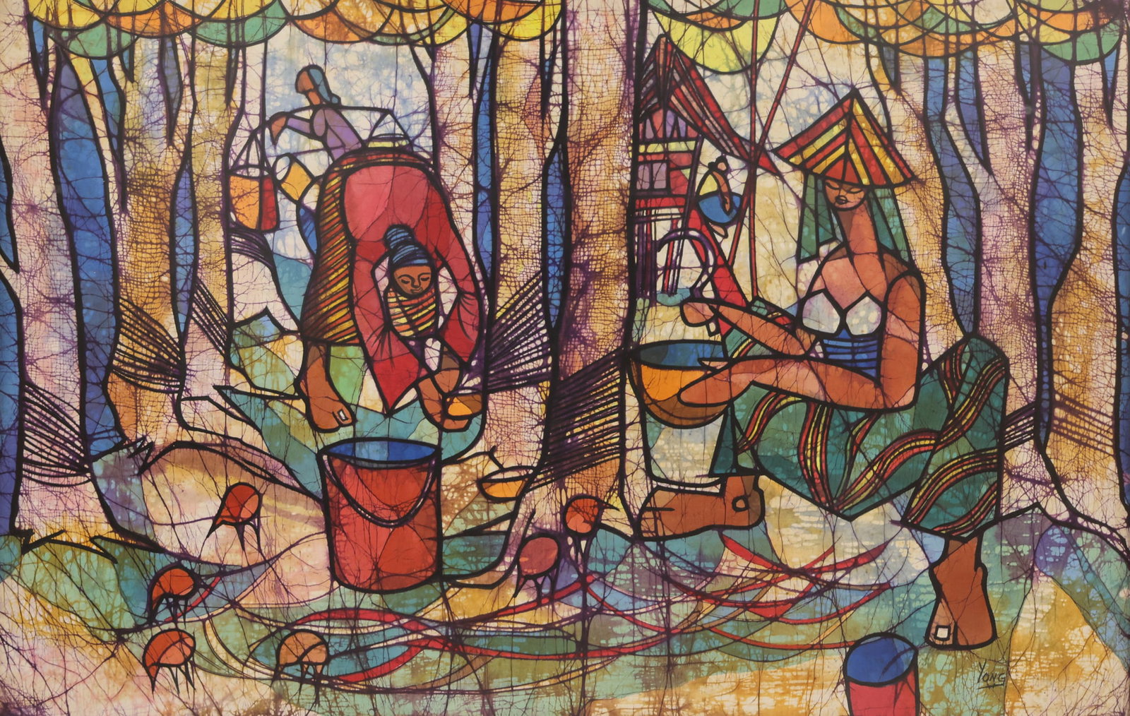 Yong Kheng-Wah ''Harvesting'' Batik: Yong Kheng-Wah (b.1945 Malaysia) ''Harvesting'' Batik Painting 23''x35'' Sight. Signed l.r. Original framing 29''x41''. Excellent condition.