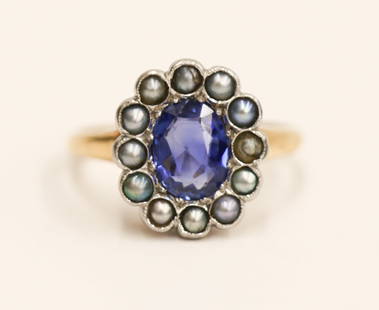 Edwardian Sapphire & Seed Pearl 14k Ring: Edwardian Sapphire & Seed Pearl 14k Cluster Ring Size 5. Includes a transparent, medium, slightly violetish-blue oval mixed cut sapphire corundum measuring 8.1x6.1x3mm with color grade MI-2. It is