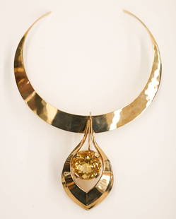 Modernist 14k Citrine Pendant Choker Necklace: Modernist 14k Citrine Pendant Choker Necklace 7.5''. Includes one large round brilliant cut citrine measuring 27x18mm approx. Designer marked with cipher and 14K. Comes in original retailer box from P