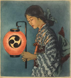 Elizabeth Keith ''Girl with Lantern'' 1935 Woodblock: Elizabeth Keith (1887-1956 British) ''Girl with Lantern'' 1935 Woodblock 9.5''x8.75'' Impression. Pencil signed and numbered 19 of 50 edition lower margin. Sheet size 11.5''x10.5''. Light even toning