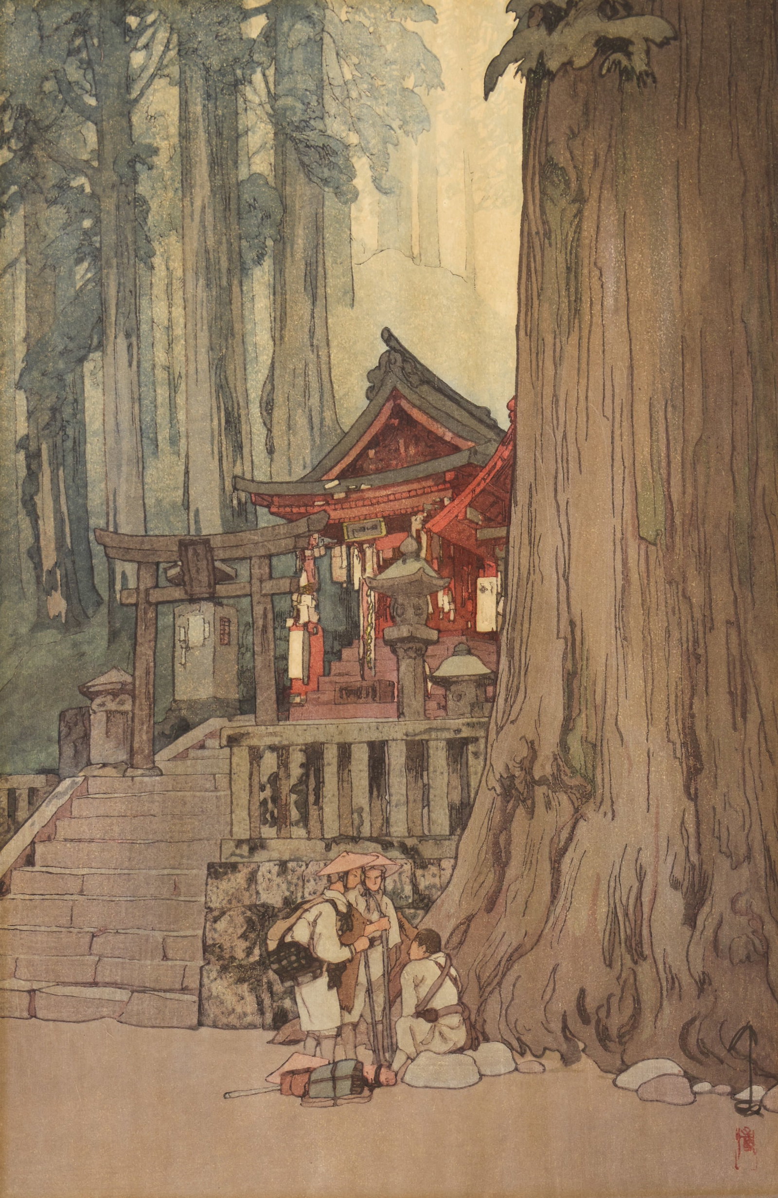 Hiroshi Yoshida ''Misty Day in Nikko'' Woodblock: Hiroshi Yoshida (1876-1950 Japanese) ''Misty Day in Nikko'' Woodblock Print 16''x10.5'' Sheet. Pencil signed with printed title lower margin. Scattered toning throughout. (BM)