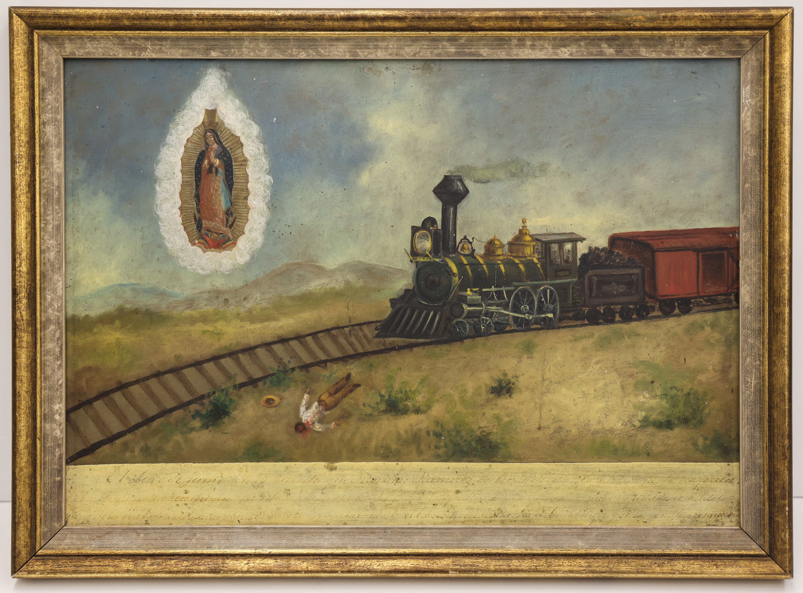 Antique Mexican Painted Ex-Voto of Train Wreck (1 of 2)