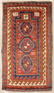 Antique Caucasian Borjalou Kazak Prayer Rug: Antique Caucasian Borjalou Kazak Oriental Prayer Rug 6'7''x3'7''. Three medallion field with wave border. Some professional repairs to edges. Overall excellent condition. Purchased Oasis Antique Orien