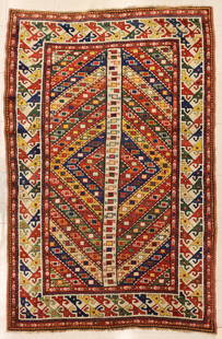 Antique Genje Caucasian Oriental Rug: Antique Genje Caucasian Oriental Rug 4'2'x6'3''. Unusual radiating diamond medallion with multi-colored border. Some minor even wear. Overall excellent condition. Purchased Oasis Antique Oriental Rugs