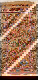 Antique Turkish Konya Oriental Rug: Antique Turkish Konya Oriental Rug 3'10''x8'5''. Repeating geometric medallion field with a mustard yellow ground. Scattered wear from age.
