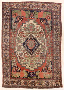 Antique Persian Medallion Floral Oriental Rug: Antique Persian Medallion Floral Oriental Rug 4'4''x6'4''. Unusual green and blue colors in field with central diamond medallion. Scattered wear from age. Possibly a fereghan sarouk.