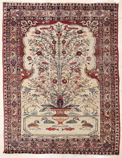 Antique Persian Tree of Life Oriental Rug: Antique Persian Tree of Life Oriental Rug 6'4''x4'10'. Floral blossoming tree with birds, goats, swan and fish motifs. Scattered wear from age. Possibly a Kirman or Kerman.