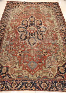 Antique Persian Heriz Oriental Room Size Rug: Antique Persian Heriz Oriental Room Size Rug 9'x14'. Over-sized floral geometric medallion. Heavy scattered wear from age.