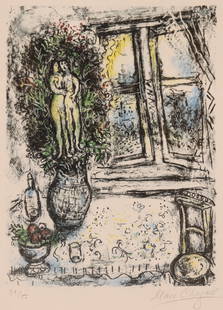 Marc Chagall ''The Half Opened Window'' 1975 Lithograph: Marc Chagall (1887-1985 French) ''The Half Opened Window'' (Maeght 738) 1975 Lithograph in Colors on Japan Nacre 14.5''x10.5'' Image. Pencil signed and numbered 31 of 50 edition lower margin. Gilt gal
