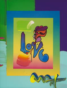 Peter Max ''Love on Blends'' 2006 Mixed Media: Peter Max (b.1937 American) ''Love on Blends'' (Woodstock Series) 2006 Mixed Media on Paper 10''x8'' Image. Acrylic enhanced lithograph signed lower right. Park West Gallery COA affixed to verso. Gilt