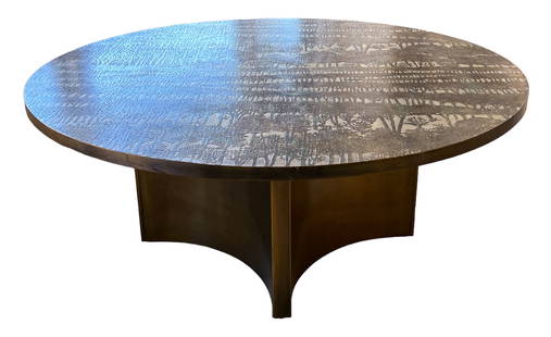 Philip & Kelvin LaVerne ''Eternal Forest'' Coffee Table: Philip & Kelvin LaVerne ''Eternal Forest'' Round Coffee Table 17''x42''. Acid etched and patinated brass over pewter against a wood body. Comes with original hang tag and paperwork. Overall excellent
