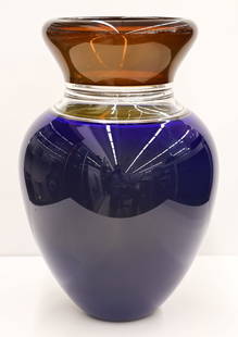 Sonja Blomdahl ''Amber and Blue'' 1998 Incalmo Vessel: Sonja Blomdahl (b.1952 Washington) ''Amber and Blue'' 1998 Incalmo Vessel Blown Glass 16''x10.5''. Signed and inscribed on bottom. Comes with original receipt from Sonja. Excellent condition.