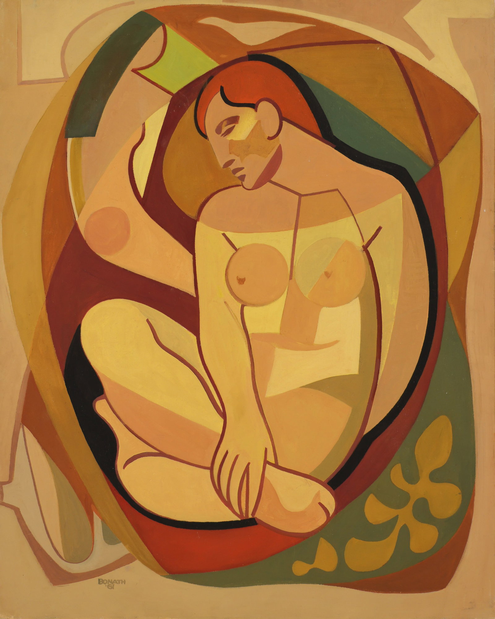 Harry Bonath ''Cubist Nude'' 1961 Oil: Harry Bonath (1903-1976 Washington) ''Cubist Nude'' 1961 Oil on Canvas 30''x24''. A scarce abstract oil by this Northwest artist. Signed and dated lower left. Unframed. Excellent condition. From the e