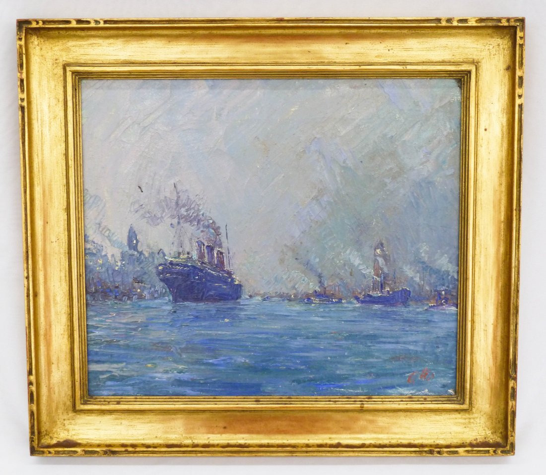 Marcel Olis (20th Cent. NY) Untitled Steamship in Ha: Marcel Olis (20th Cent. NY) Untitled Steamship in Harbor Oil/Canvas 17''x14''. In original carved gilt wood frame with Alex Fraser B.C. Gallery Label on verso. (2) small punctures left side of paintin