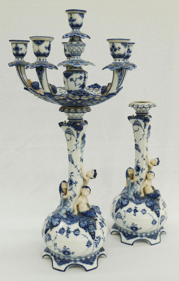 Pair Royal Copenhagen ''Musselmaalet'' Six Arm Blue: Pair Royal Copenhagen ''Musselmaalet'' Six Arm Blue Fluted Lace Porcelain Candelabras with Figural Faune, Lizards, Snails, and Grotesque Faces. Designed by Arnold Krog and made from 1884-1900. 21.5''x